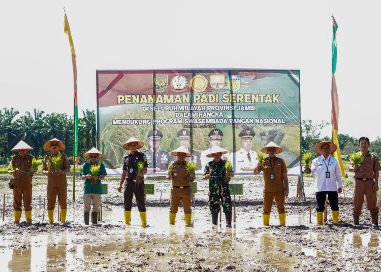 Danrem 042/Gapu Brigjen TNI Heri Purwanto, S.E., M.Sc bersama Gubernur Jambi Dr. H. Al Haris, S.Sos., M.H ini, Kodim 0416/Bute melaksanakan kegiatan penanaman padi secara serentak di dua lokasi berbeda